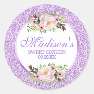 Trendy Glitter Purple Floral Sweet 16 Classic Round Sticker