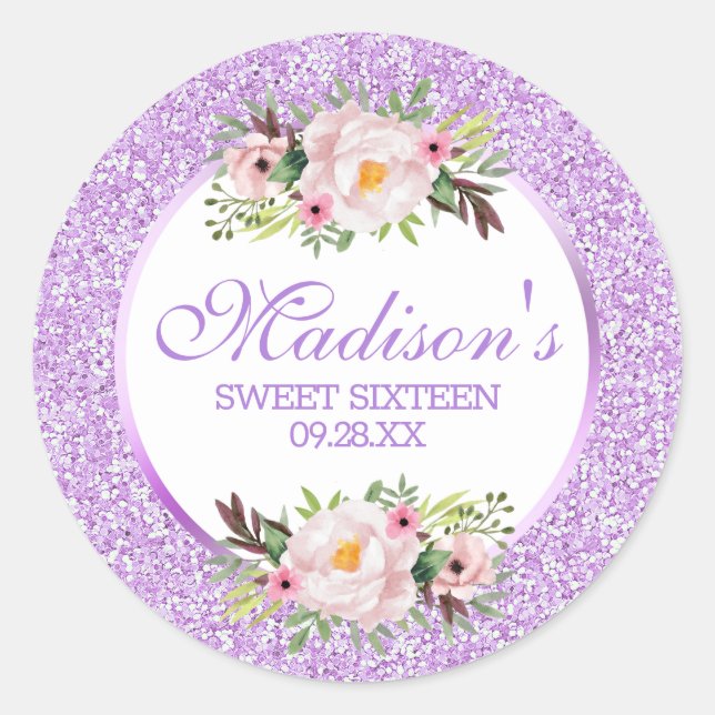 Trendy Glitter Purple Floral Sweet 16 Classic Round Sticker (Front)