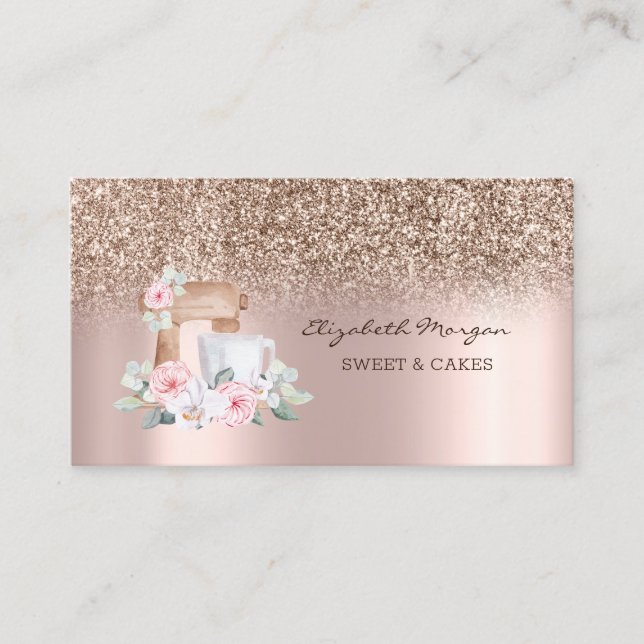 Trendy Glitter Rose Gold Mixer Floral Business Card (Front)