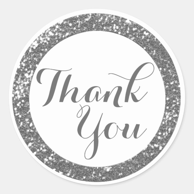 Trendy Glitter Thank You Stickers:Silver Grey Classic Round Sticker (Front)