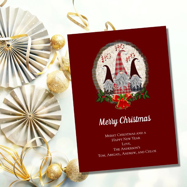 Trendy Gnomes Red Burgundy Rustic Christmas Card (Creator Uploaded)