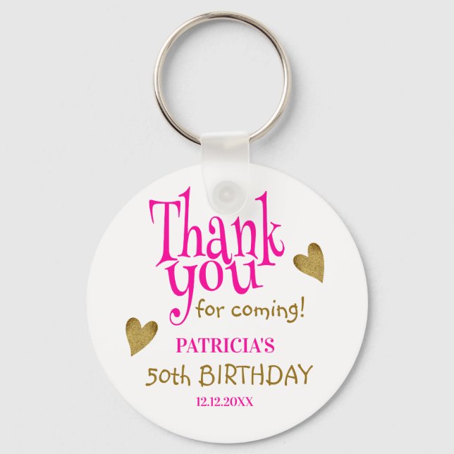 Trendy Gold 50th Birthday Pink Thank You Favour    Keychain (Front)