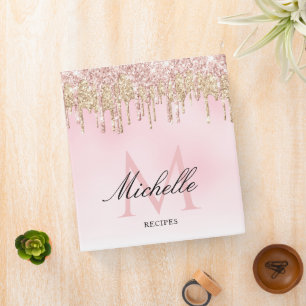 trendy gold and pink glitter monogram recipe binder