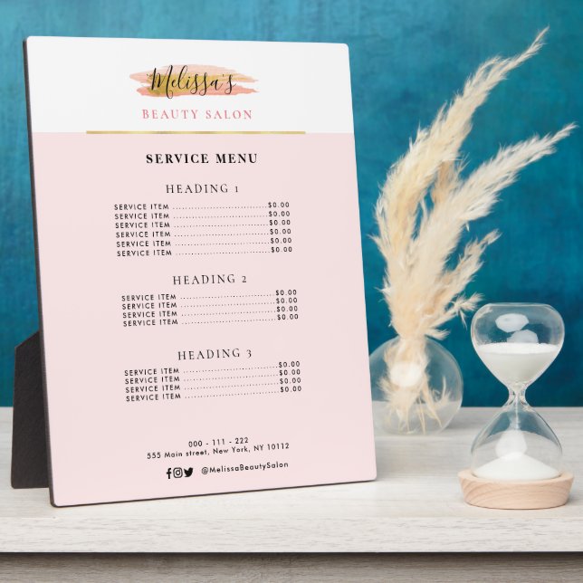 trendy gold and pink salon service menu plaque (Side)