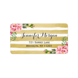 Trendy Gold and White Stripes Watercolor Floral Label