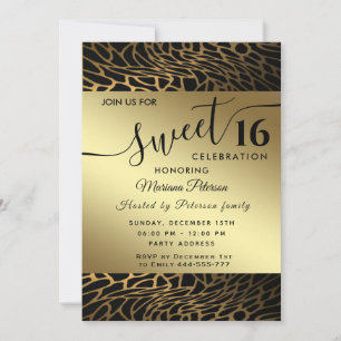 Trendy gold black abstract leopard sweet 16 invit invitation