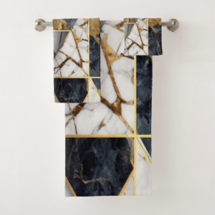 Trendy Gold Black Geometric Marble Pattern Bath Towel Set
