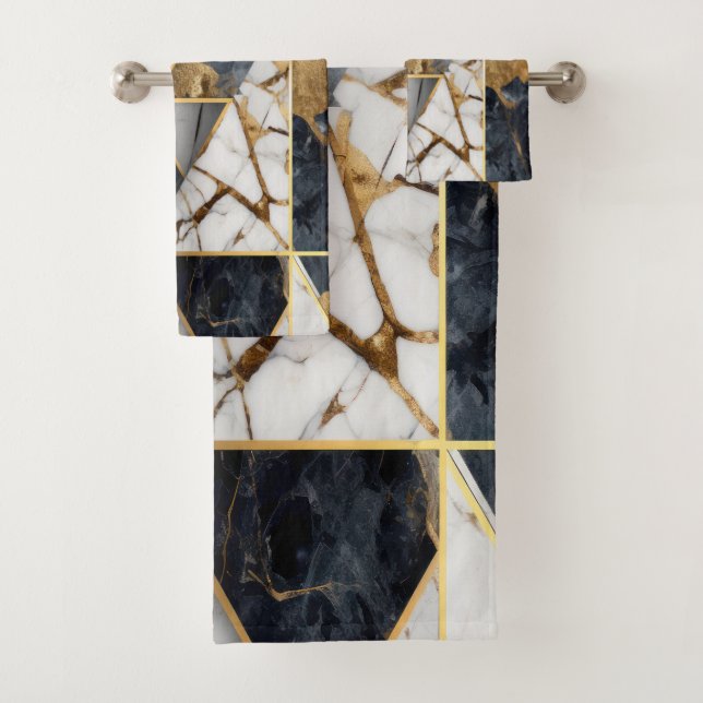 Trendy Gold Black Geometric Marble Pattern Bath Towel Set (Insitu)