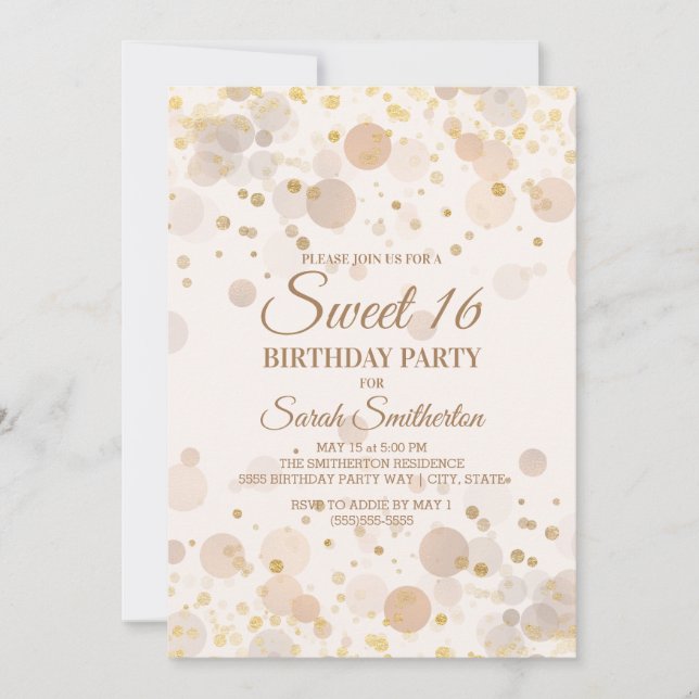 Trendy Gold Bokeh on Creamy White Sweet 16 Invitation (Front)