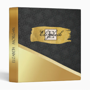 Trendy Gold Brush Stroke,Black Damask, Monogram Binder