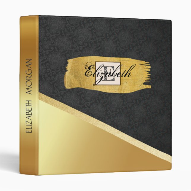 Trendy Gold Brush Stroke,Black Damask, Monogram Binder (Front/Spine)