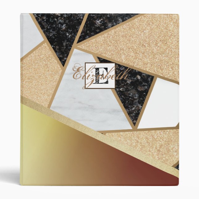 Trendy Gold Brush Stroke,Geometric Marble,Monogram Binder (Front)