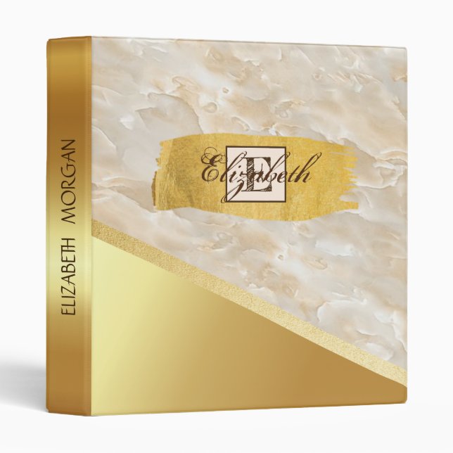 Trendy Gold Brush Stroke, Marble, Monogram Binder (Front/Spine)