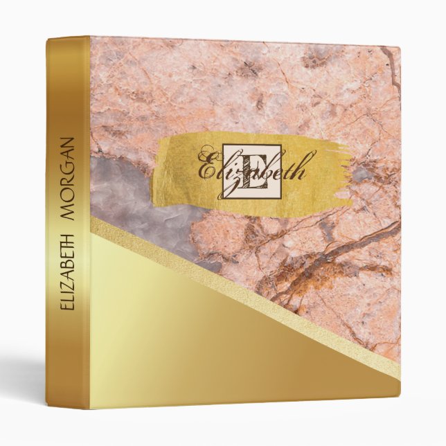 Trendy Gold Brush Stroke, Marble Stone, Monogram Binder (Front/Spine)