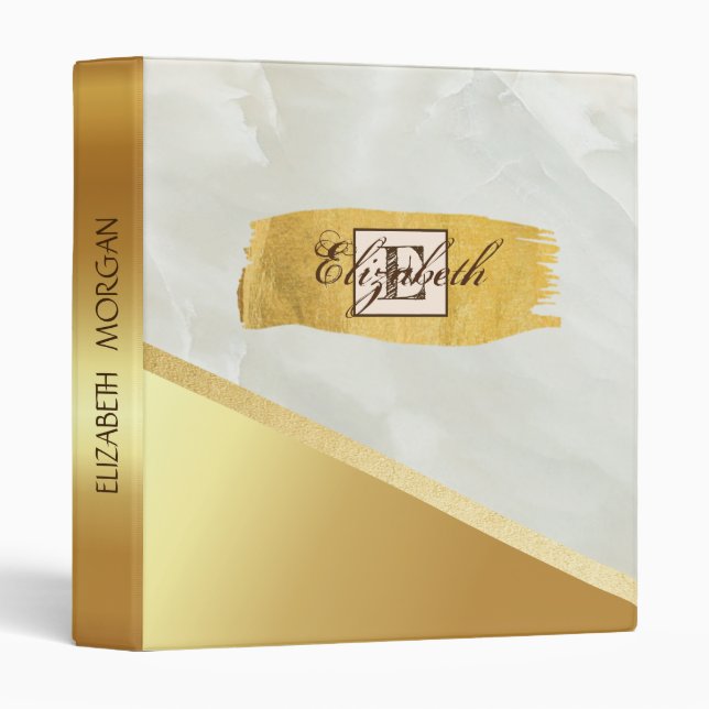 Trendy Gold Brush Stroke, White Marble, Monogram Binder (Front/Spine)