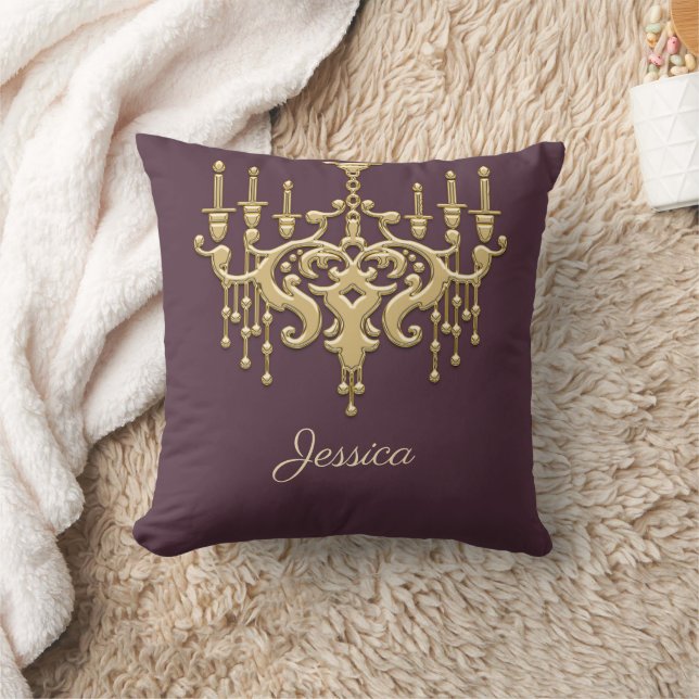 Trendy Gold Chandelier Monogrammed Throw Pillow (Blanket)