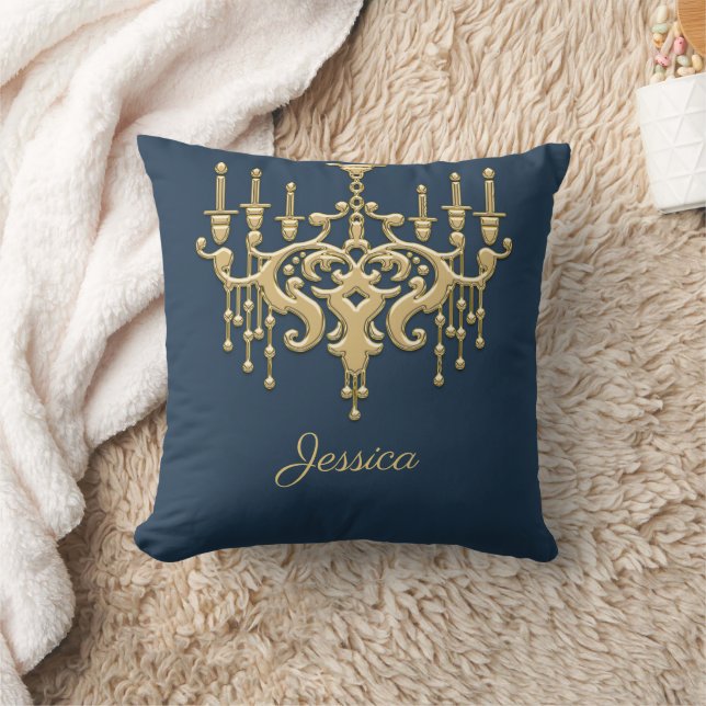Trendy Gold Chandelier Monogrammed Throw Pillow (Blanket)