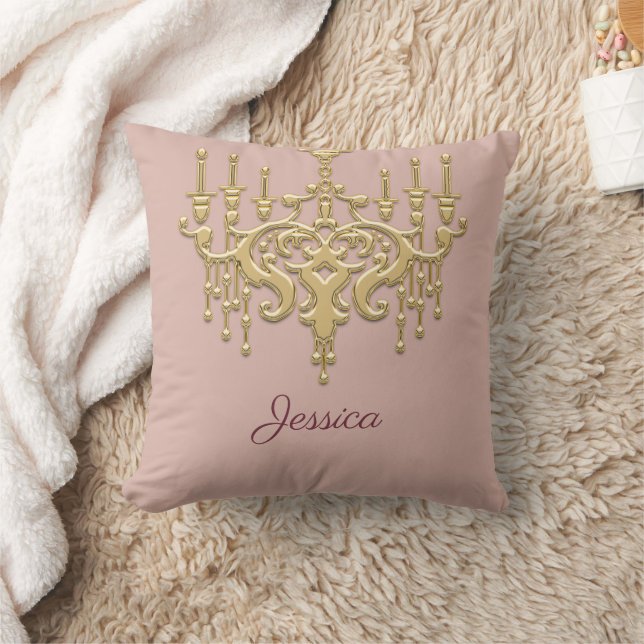 Trendy Gold Chandelier Monogrammed Throw Pillow (Blanket)