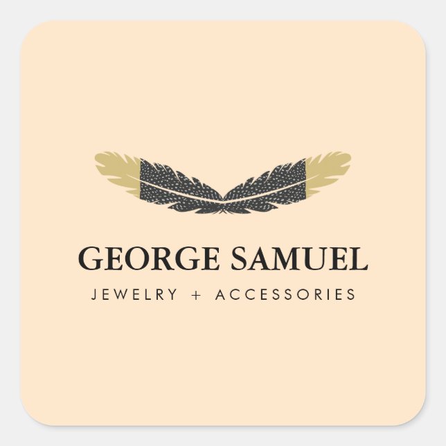Trendy Gold Dipped Boho Feather Designer Pink  Square Sticker (Front)