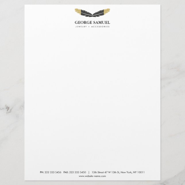 Trendy Gold Dipped Boho Feather Designer White Letterhead (Front)