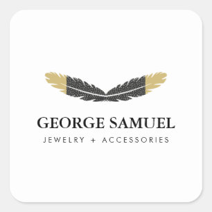 Trendy Gold Dipped Boho Feather Designer White Square Sticker