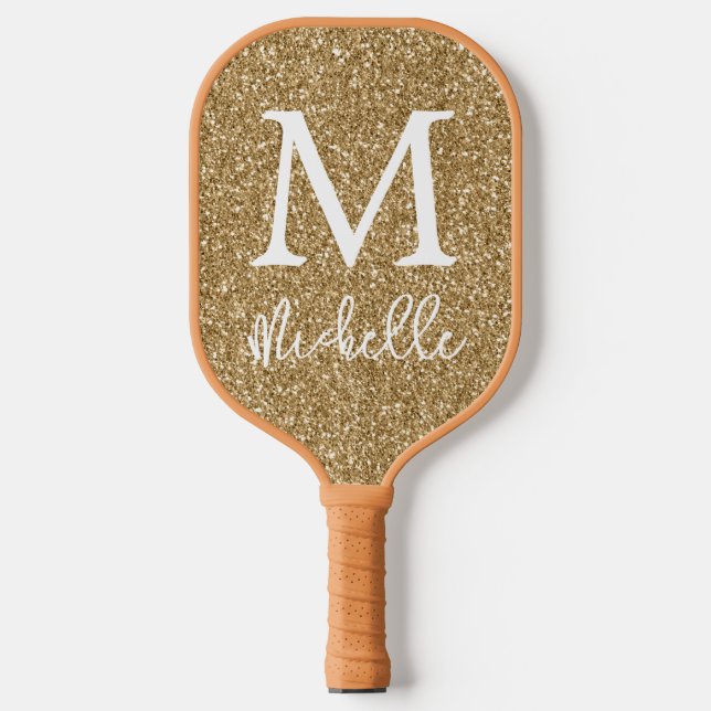 Trendy Gold Faux Glitter Monogram Initial Name Pickleball Paddle (Front)