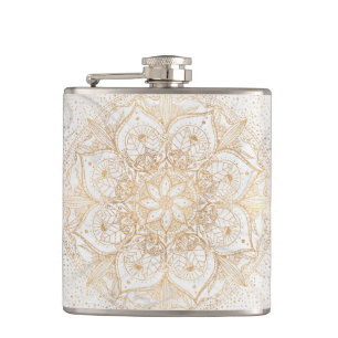 Trendy Gold Floral Mandala Marble Design Hip Flask