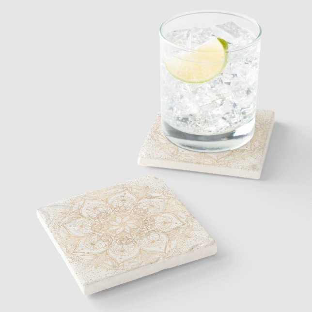 Trendy Gold Floral Mandala Marble Design Stone Coaster (Side)