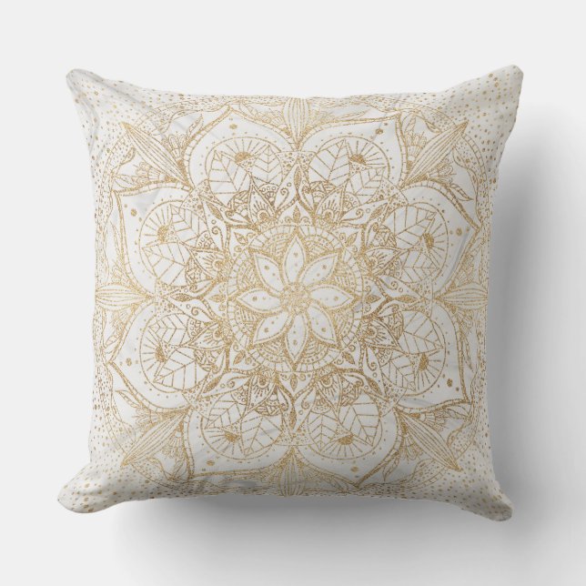 Trendy Gold Floral Mandala Marble Design Throw Pillow (Front)