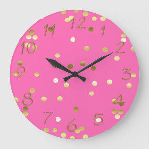 Trendy Gold Foil Confetti Hot Pink Large Clock