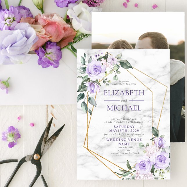Trendy Gold Geometric Lilac Floral Marble Photo Invitation (Creator Uploaded)