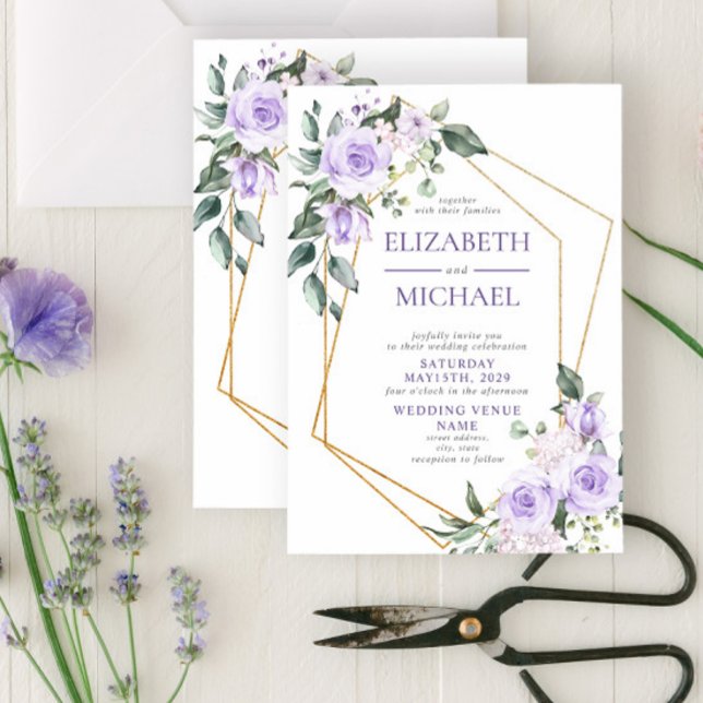 Trendy Gold Geometric Lilac Floral Spring Invitati Invitation (Creator Uploaded)
