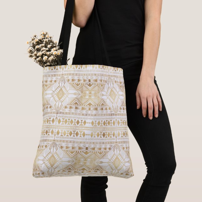 Trendy Gold Geometric Tribal Aztec Pattern Tote Bag (Close Up)