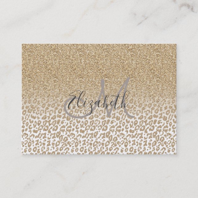 Trendy Gold Glitter and Leopard Print Gradient Business Card (Front)