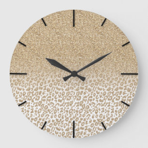 Trendy Gold Glitter and Leopard Print Gradient Large Clock