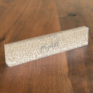 Trendy Gold Glitter and Leopard Print Gradient Nameplate