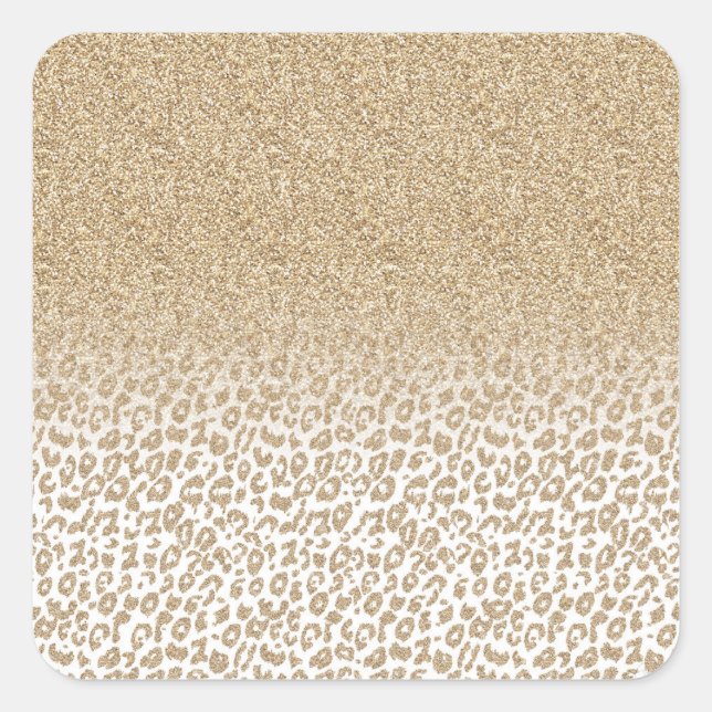Trendy Gold Glitter and Leopard Print Gradient Square Sticker (Front)