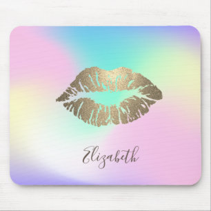 Trendy Gold Glitter Lips Iridescent Holographic Mouse Pad