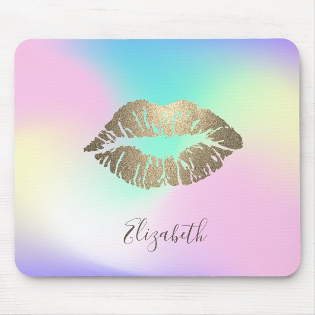 Trendy Gold Glitter Lips Iridescent Holographic Mouse Pad (Front)