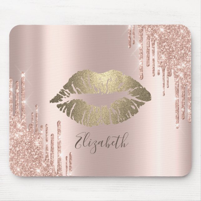 Trendy Gold Glitter Lips Rose Gold Glitter Drips Mouse Pad (Front)