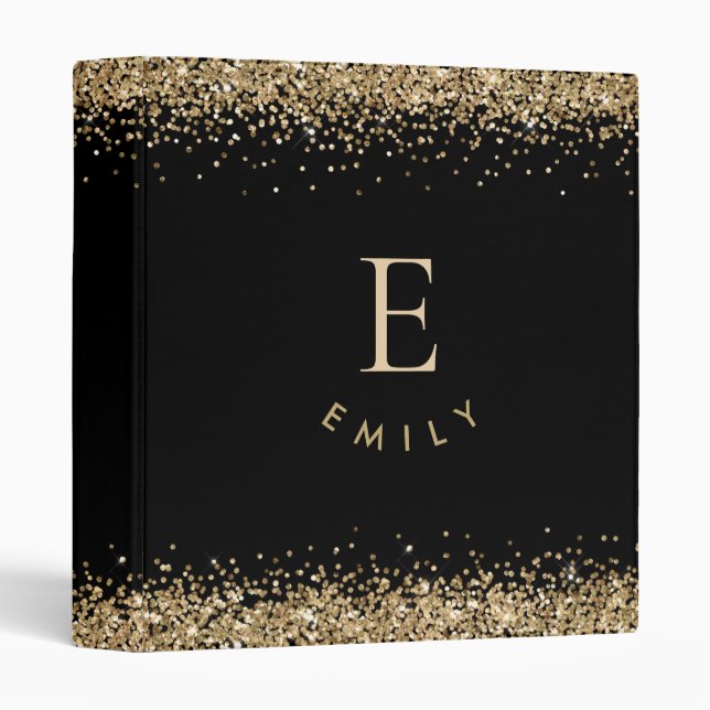 Trendy Gold Glitter Monogram Name Initial Black Binder (Front/Spine)
