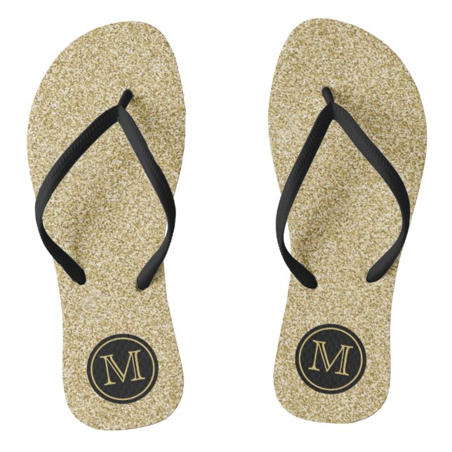 Trendy Gold Glitter Monogram Wedding Favour Flip Flops (Footbed)