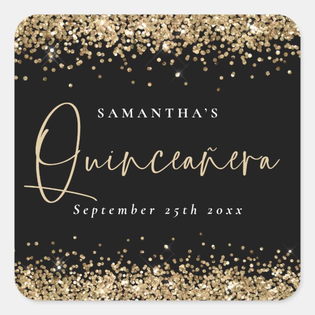 Trendy Gold Glitter Name Date Quinceañera black Square Sticker (Front)