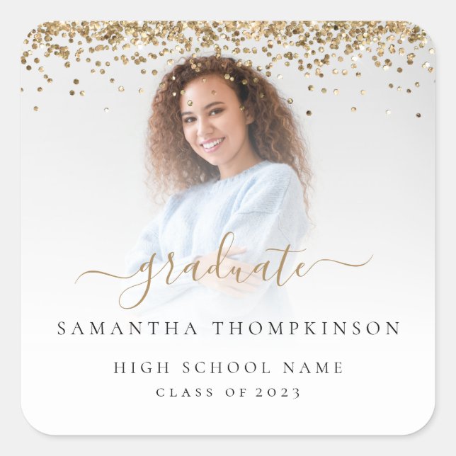 Trendy Gold Glitter Photo 2024 Graduation Square S Square Sticker (Front)