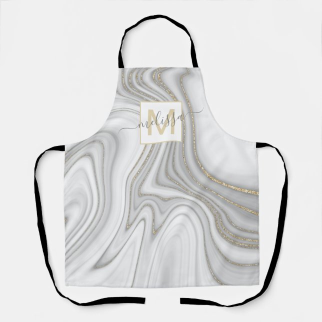 Trendy gold glitter sparkle marble name monogram apron (Front)