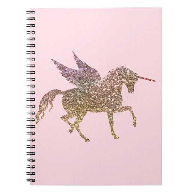 Trendy Gold Glitter Sparkle Unicorn Pegasus Horse Notebook (Front)