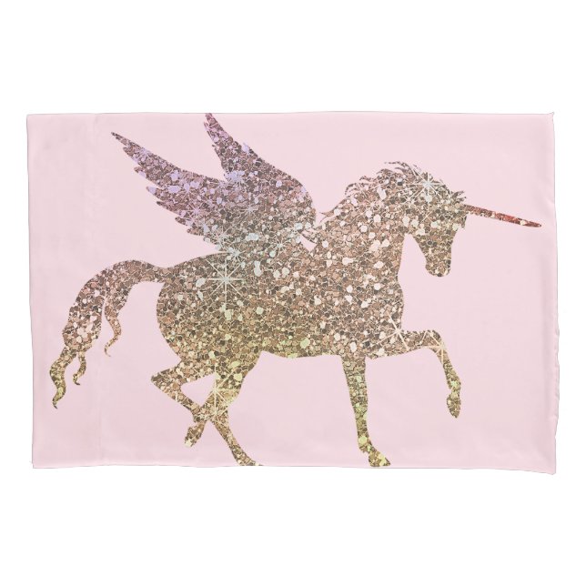 Trendy Gold Glitter Sparkle Unicorn Pegasus Horse Pillowcase (Front)
