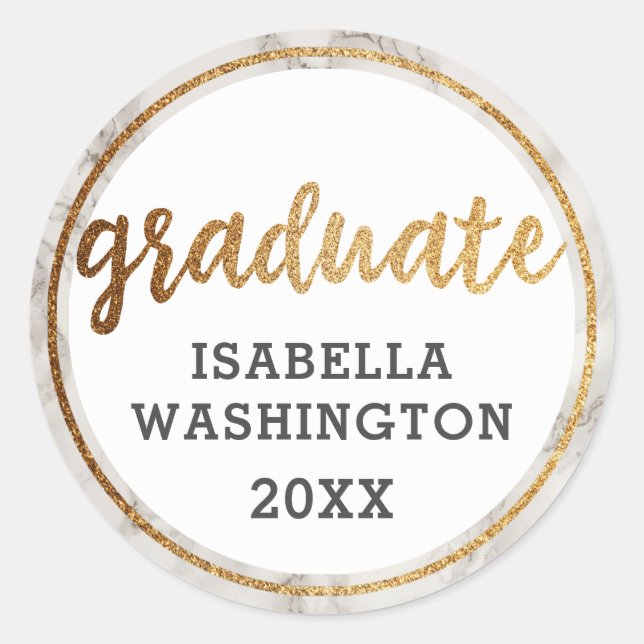 Trendy Gold Glitter & White Marble Graduate Classic Round Sticker (Front)