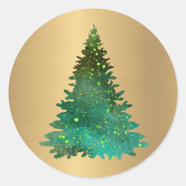 Trendy Gold Green Glitter Tree Christmas Classic Round Sticker (Front)