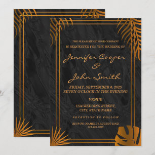 Trendy Gold Leaves and Geometric Frame Wedding Invitation